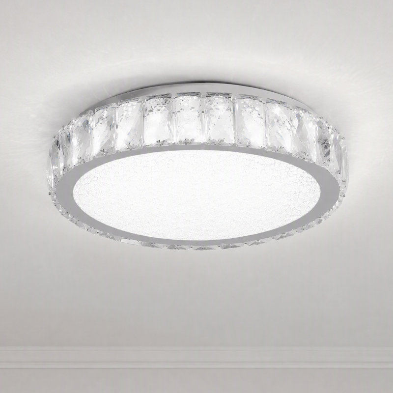 14" Modern Chrome Crystal LED Ceiling Light, Small Flush Mount Fixture for Bedroom, 13.8" W x 13.8" D x 3.7" H