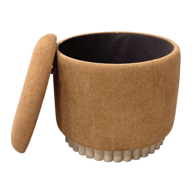 Modern Fabric and Solid Wood Round Storage Ottoman, Modern Round Storage Ottoman - Rust/Natural