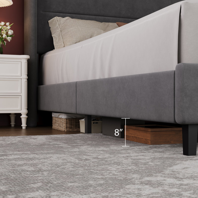 King Size Bed Frame with Wingback Headboard, Velvet Upholstered Platform Bed Frame with Sturdy Wooden Slats Support, No Box Spring Needed, Easy Assembly, Grey
