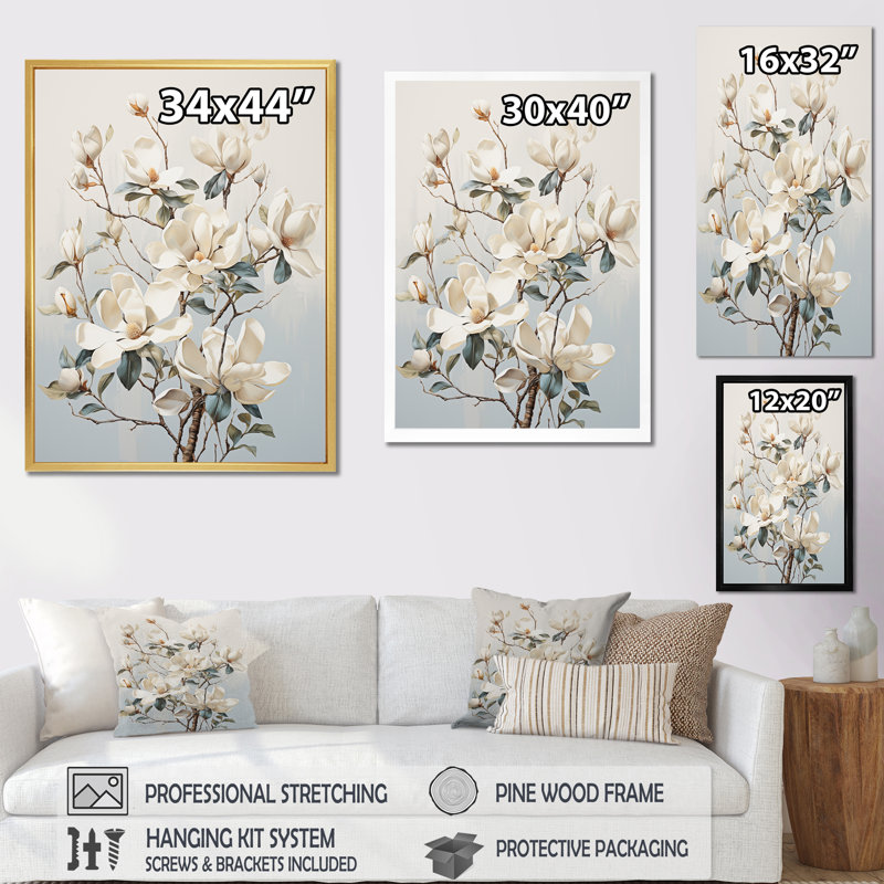 «Magnolias Beauty Blossums», impression sur toile, H 32 po x l 16 po x P 1 po, Cadre naturel flottant
