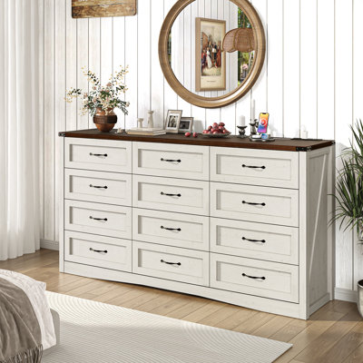 63" Wide Farmhouse Dresser with 12 Drawers, Vintage Wood Chest with Built-in Power Outlet, Closet Dresser for Bedroom, Living Room, Hallway