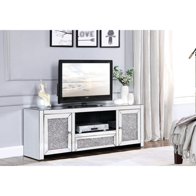 Meuble télé argenté à miroir avec incrustation de faux diamants, base ouverte, tiroir simple et 2 portes, convient aux téléviseurs à écran plat de 50 po de profondeur, 16 po de profondeur, 59 po de largeur, 22 po de hauteur, 106 lb, 2 po de plancher, côté coulissant en métal ,