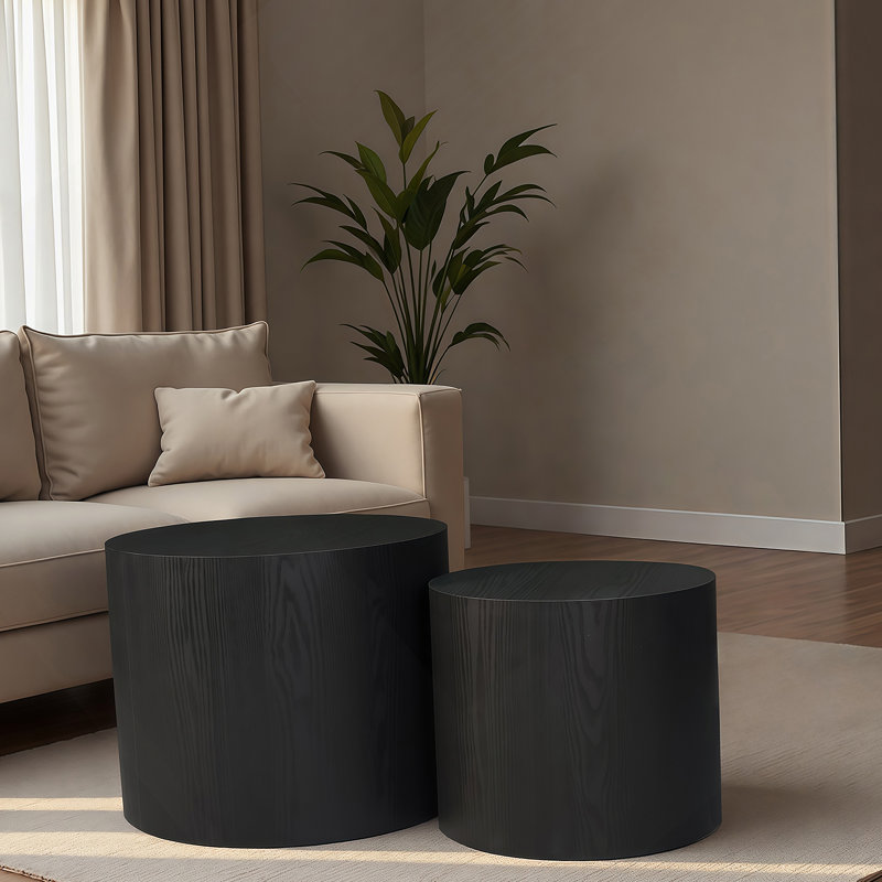 Nesting Coffee Table Set Of 2, Modern Round Coffee Table With Non-Slip Feet, Wood Side Table For Living Room, Bedroom, Office, Balcony, Terrace,Small Space, No Assembling, Matte Black