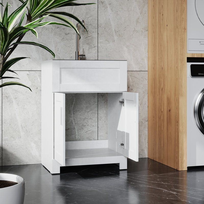 Armoire utilitaire de buanderie blanche de 61 cm (24 po) - Évier et robinet en acier inoxydable, bac à vidange par bonde, robuste et facile à nettoyer