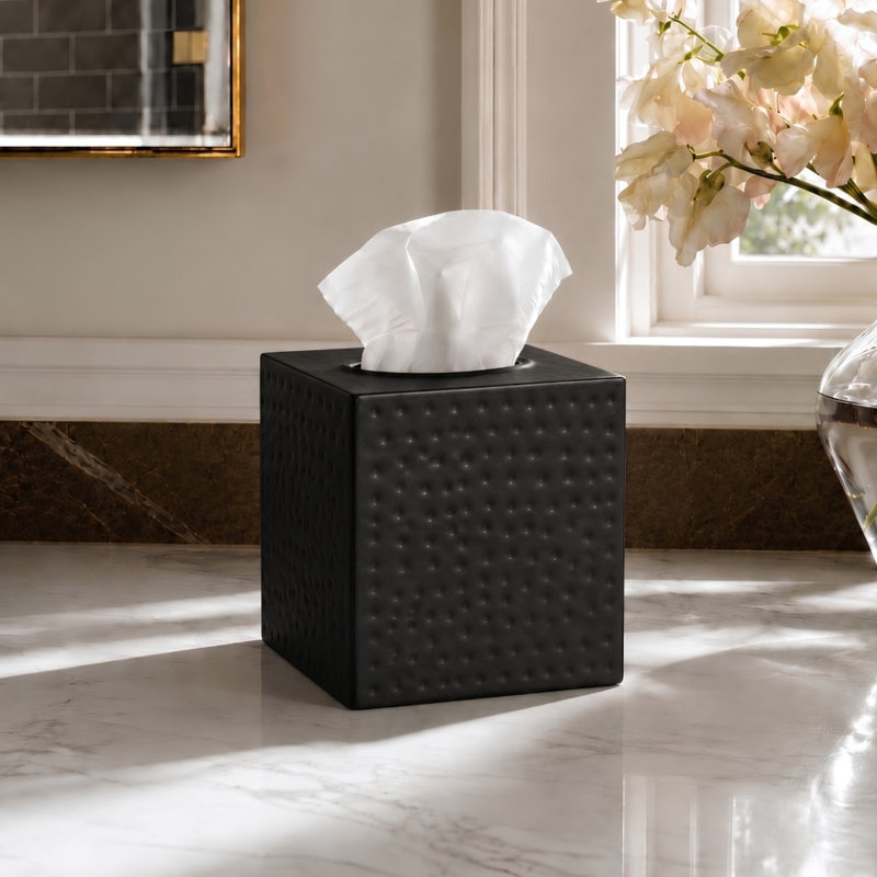 Hand Hammered Metal Tissue Box Cover, Matte Black