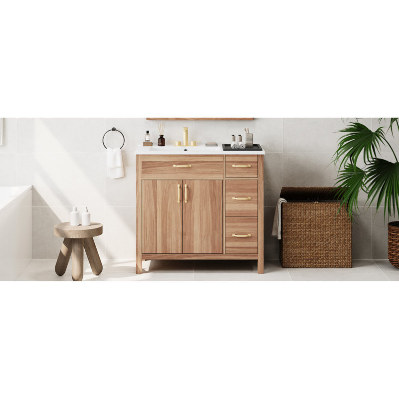 Meuble-lavabo de 36 po avec bois massif, 2 portes à fermeture douce, 3 tiroirs, lavabo en céramique, tablette ajustable pour matériaux de décoration compacts, petites salles de bain