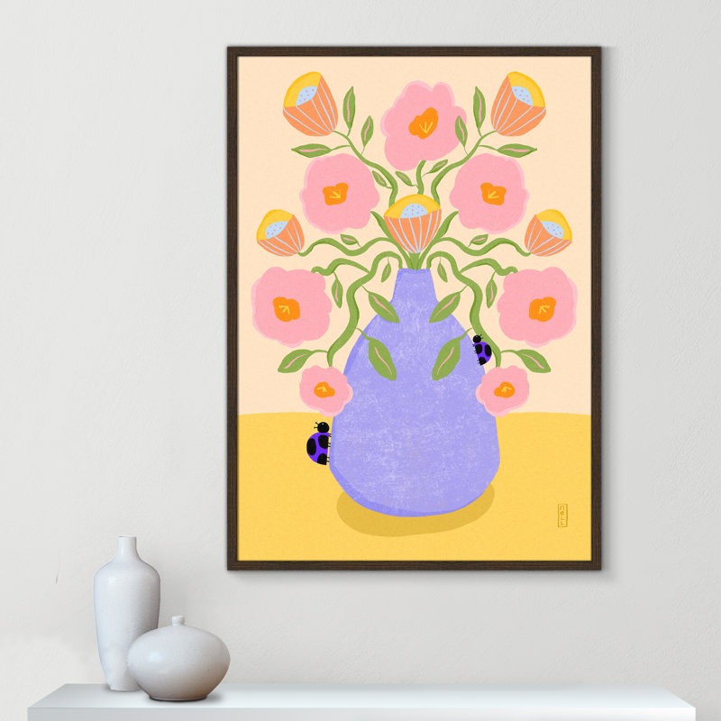 «Summer Retro Flowers in a Vase Illustration Print» par Nell, Grain de bois noyer, 29.5'' W x 41.5'' H, Framed Print