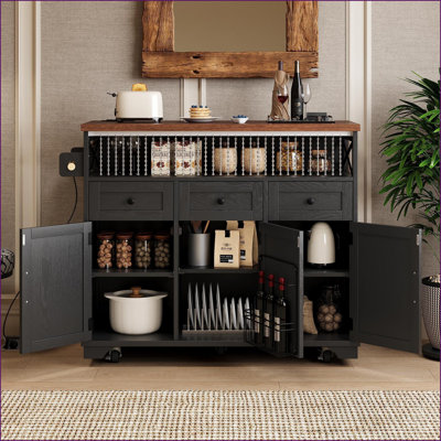 Îlot de cuisine, chariot à roulettes blanc de ferme de 46,5 po avec abattant, Power & amp; Rangement | Blanc | Panneau de fibres à densité moyenne