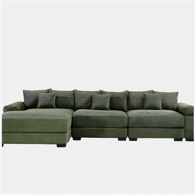 Canapé modulaire en L 130 po surdimensionné en forme de L, tissu velours côtelé doux, avec repose-pieds, assise profonde, accoudoirs larges, conception ergonomique, 9 coussins, assemblage facile, pour la chambre à coucher, vert