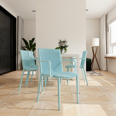 4 Blue Stackable Pp Armchairs With 55 Inch White Modern Long Table For Indoor/Outdoor Use, All-Weather Non-Slip Metal Legs, Ergonomic Slatted Back Chairs, High-Grade Material, -, , , Easy Assembly,