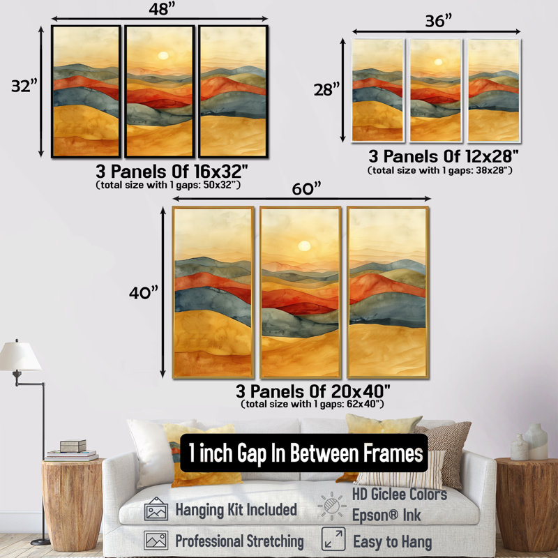Orange, jaune, montagne abstraite, paysages, ensemble d'art mural, Toile avec cadre flottant noir, H 28 po x l 36 po x P 1 po