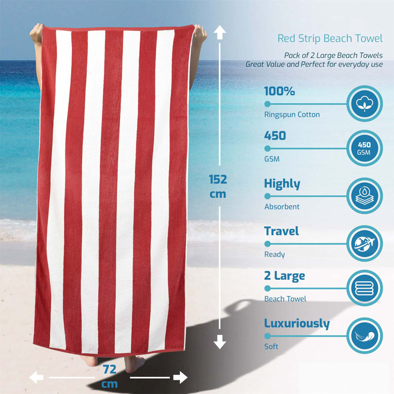 100% Cotton Beach Towel, White/Red