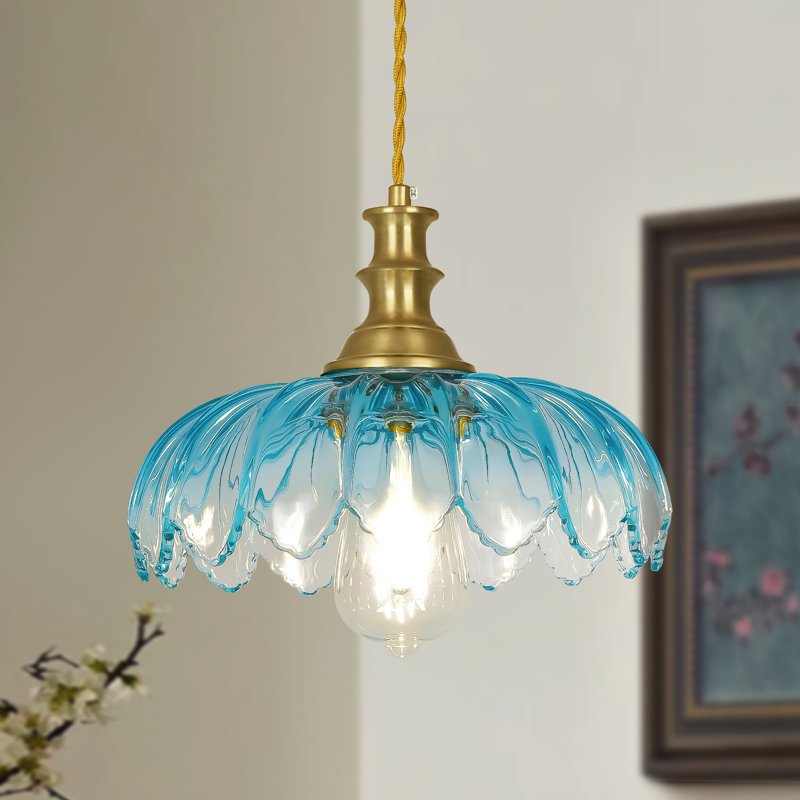 1-light Petal Gradient Glass Pendant Light, 10.2 Inch Dia X 68.9 Inch H, E26 Base, Gradient Blue, 1