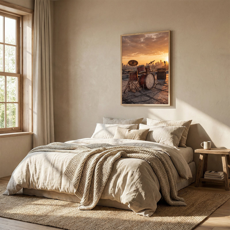 Toile rétro sur le toit avec art urbain au coucher du soleil, H 48 po x l 36 po