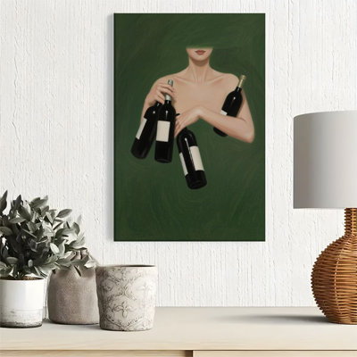 East Urban Home 1pc Framed Canvas Wall Art Prints Poster, female portrait, wine bottle, surrealistic oil painting style Art Posters Canvas Print Painting for Living R