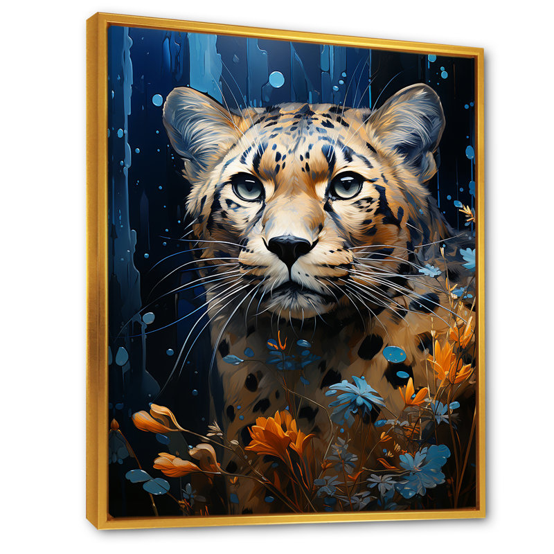 «Blue Leopard Serenity» - art mural léopard / guépard, Cadre flottant doré, H 20 po x l 12 po