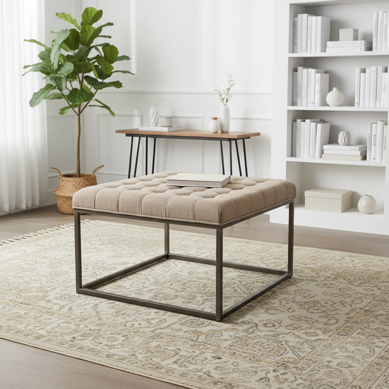28" Square Button Tufted Metal Ottoman With Multiple Fabric Options, Beige Polyester