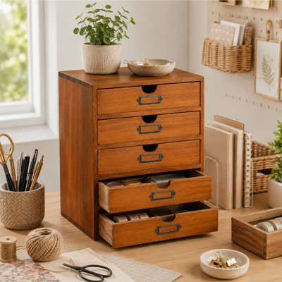 Armoire de rangement 5 tiroirs en bois rétro avec porte-étiquettes