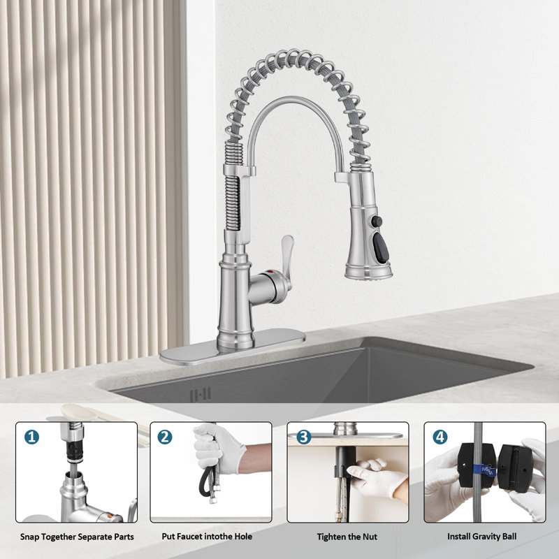 Single Handle Pull-Down Kitchen Faucet, 360-Degree Rotating Stainless Steel Faucet, 3 Water Flow Modes, 1-Hole Or 3-Hole Installation.
