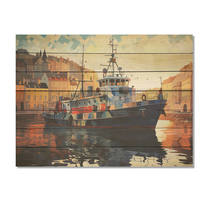 Bateau de pêche cubiste au port - Bateau côtier sur bois, H 34 po x l 44 po