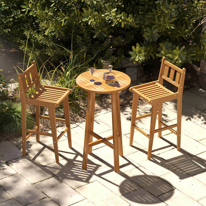 30" Teak Wood Bar Stool With Footrest & Backrest Wooden Bar Height Chair, 1