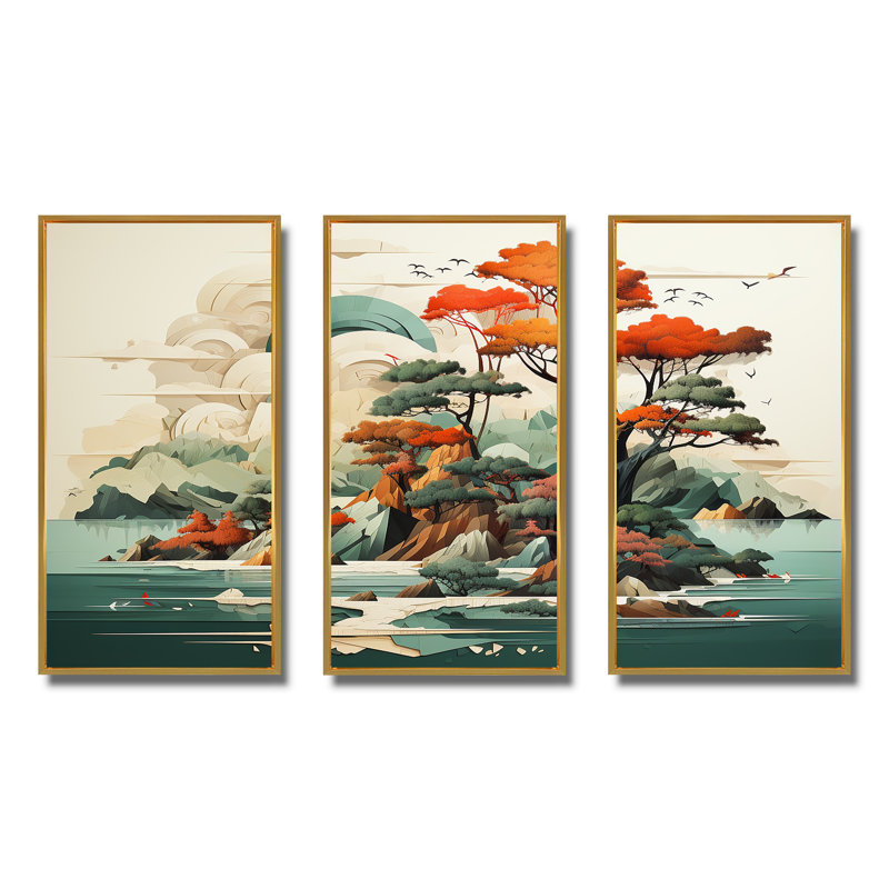«Vintage Japanese Lake Scenery I - Abstract Landscape», art mural, Cadre flottant doré, H 40 po x l 61 po x P 1 po