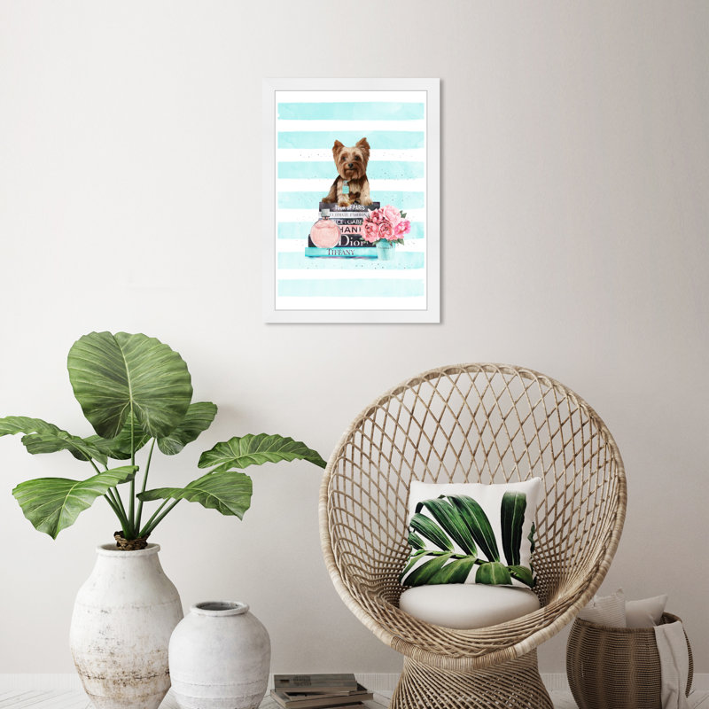 «Yorkie Mint Blue», impression encadrée, Cadre blanc