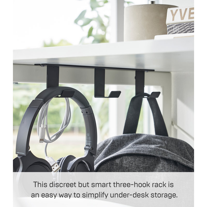Black Steel Under-Desk Hanger with Wooden Hooks