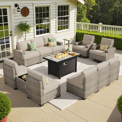 10-person  Outdoor Sectional With Cushions,swivel Rockers,led Coffee Table And Fire Pit,all-weather Wicker Patio Set