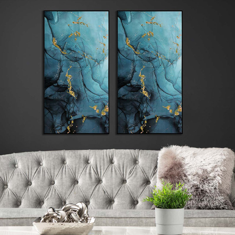 Blue & Gold Abstract Wall Art for Bedroom & Living Room, Decoration Canvas Painting