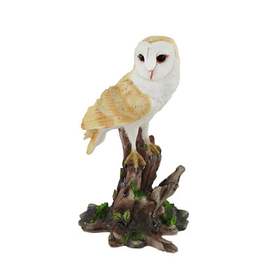 Jefferson cold-cast resin hand-painted tan and grey barn owl on green vine tree stump tabletop statue — 5 inches high, 3 long, 2.5 wide