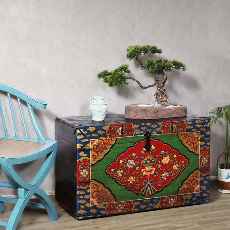 Large Retro Distressed Solid Wood Accent Trunk