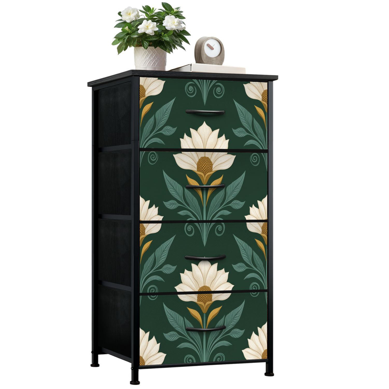 dark green dresser nursery Latitude Run® for Bedroom with 4 Storage Drawers Vintage Floral Beige Blossoms Leaves Dressers Chest of Drawers Steel Framed Fabric Wood dresser Color:Muave Rose Womens Black Dress Fashion may7creative The boho