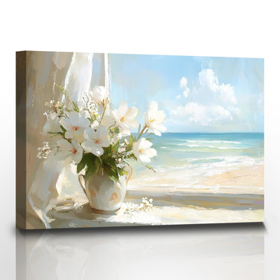 Rustic Wall Art Scenery Painting Pictures White Gardenia Canvas Prints for Bedroom Floral Ocean Poster
