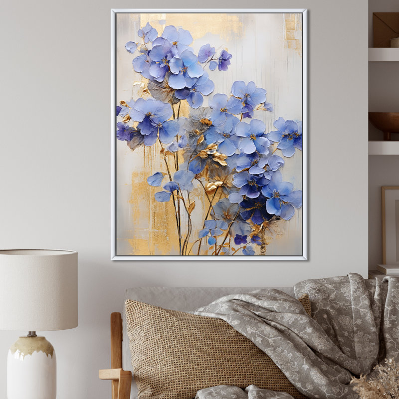 «Blue and Gold Exquisit Violets II», reproduction sur toile, Cadre flottant blanc, H 32 po x l 24 po x P 1 po