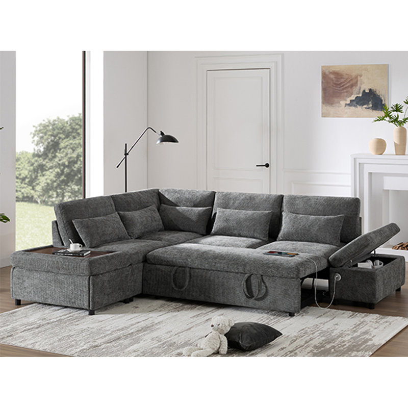 107'' Sectional Sleeper Sofa Bed With Pull Out Couch, L-Shaped With Adjustable Armrest, USB&Type-C Charging, Free Movement Storage Ottoman, Free Combination For Living Room&Apartment, Chenille