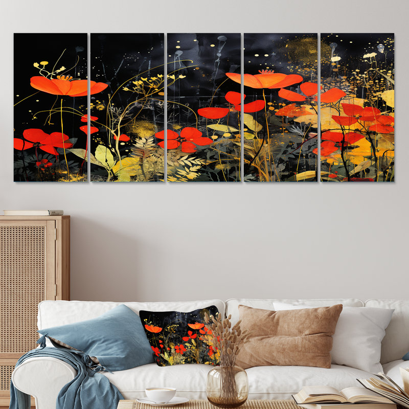 Art mural moderne orange et vert, fleurs tropicales modernes I - Collages abstraits, H 32 po x l 80 po