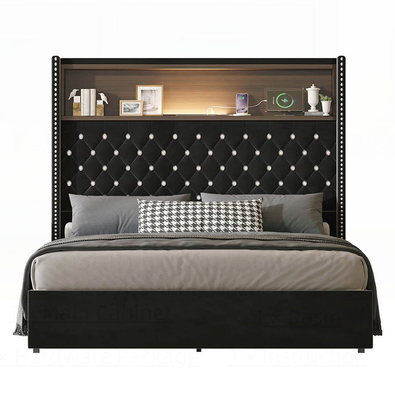 Structure de lit moelleuse en velours avec port USB et veilleuse, tête de lit avec rivet, lit plateforme à oreilles avec tablette de tête de lit