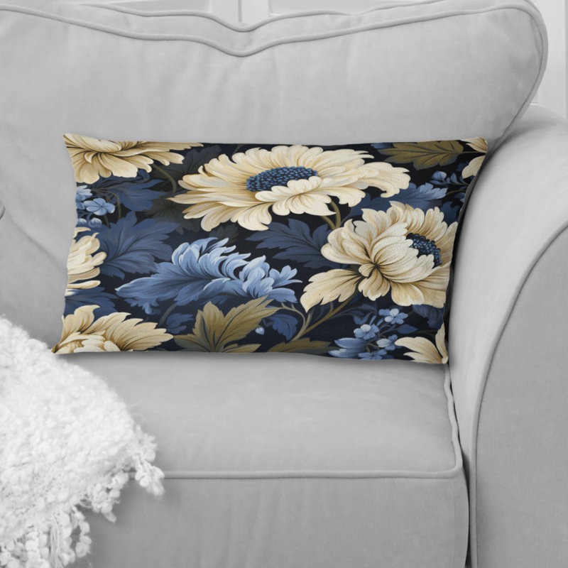 Coussin décoratif imprimé damassé beige et bleu