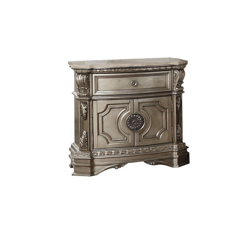 Antique Silver Marble Top Nightstand with Carved Feet