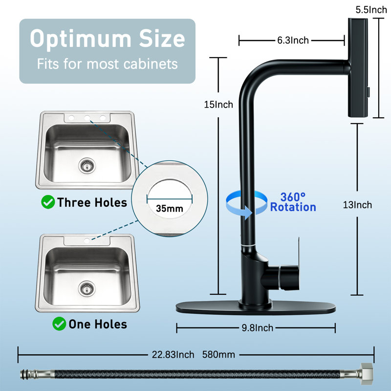 Single Handle Pull Down Kitchen Faucet with Sprayer and Accessories, 1 or 3 Holes, Black