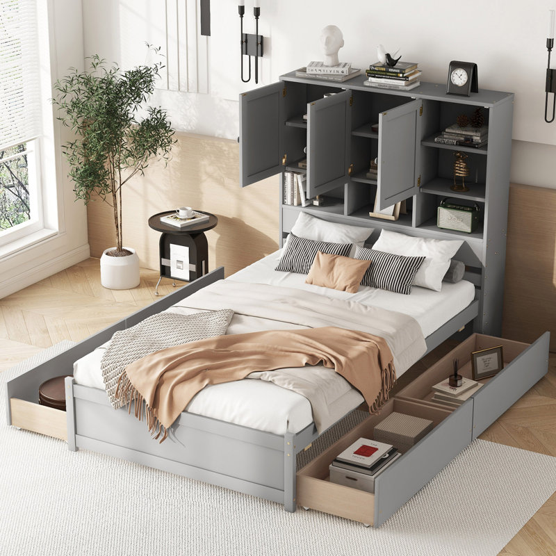 Lit plateforme avec tête de lit avec rangement et 4 tiroirs, Double, Grey