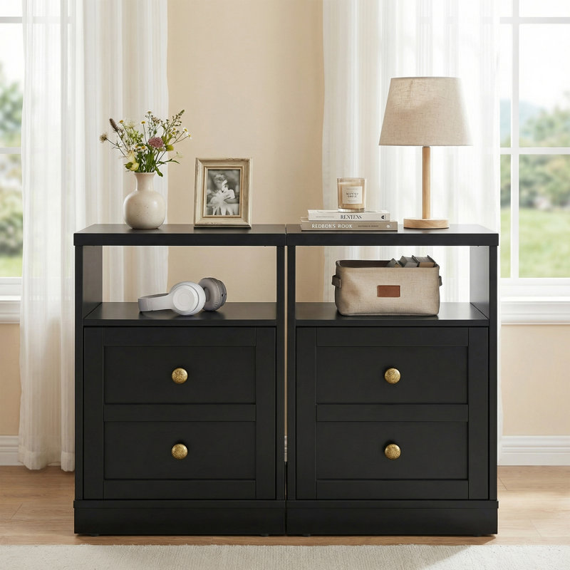 Table de chevet moderne avec porte et tablette ouverte Yokota, Noir