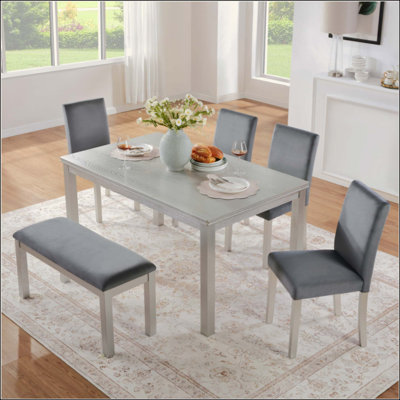 6 Piece Wooden Dining Table Set, Wooden Dining Table With 4 Upholstered Chairs And Bench For 6 People, Rectangular Dining Table Set With Crystal Decor