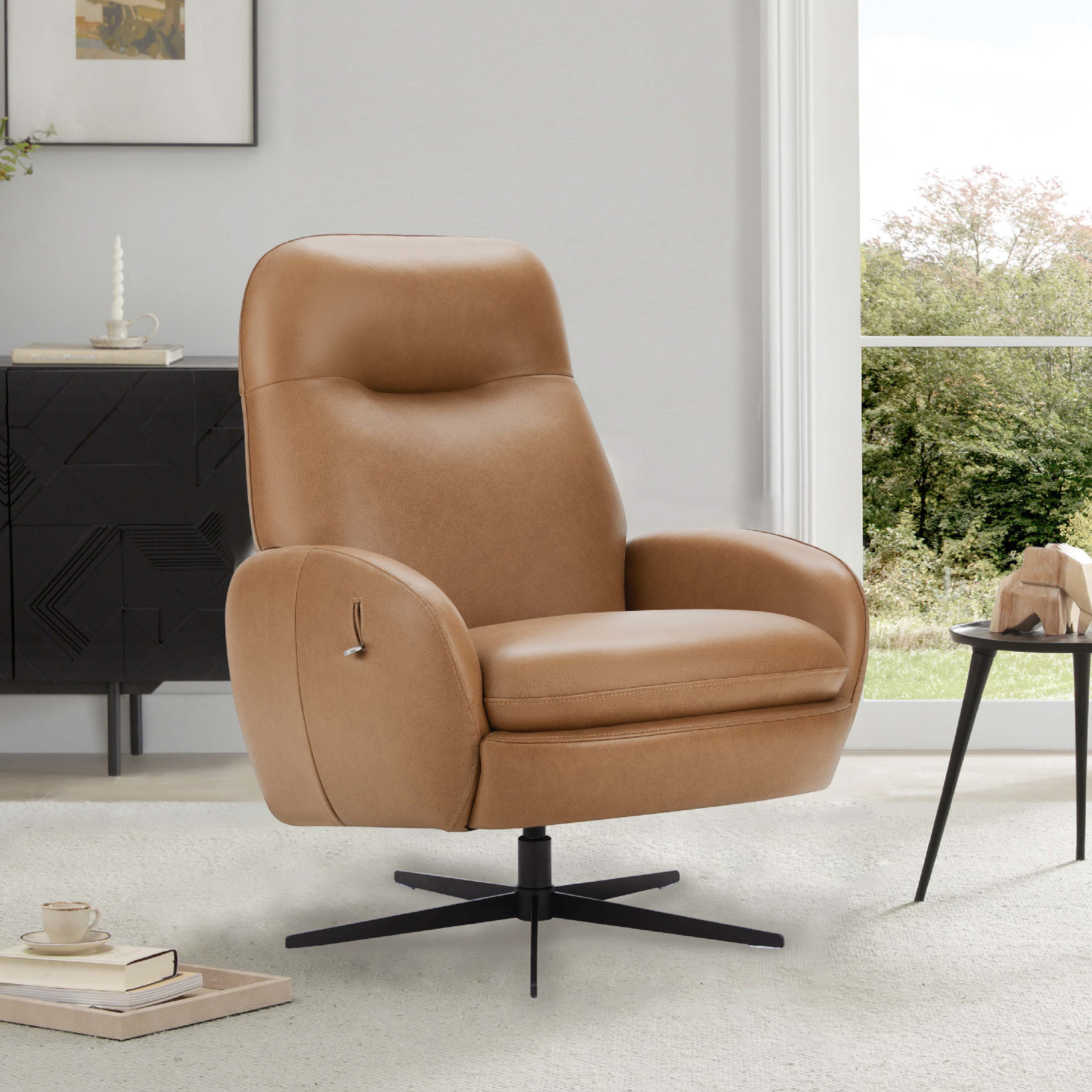 Danva 32" Genuine Leather Manual Swivel Recliner, York Butternut Genuine Leather