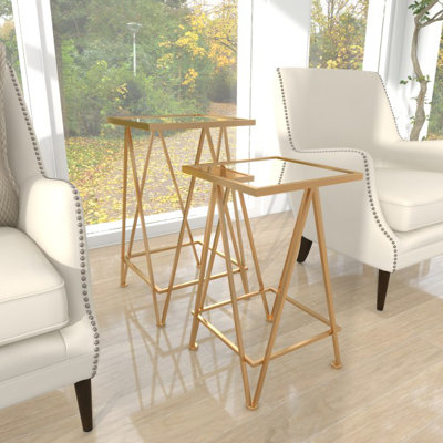 Giglio Metal Side End Gold Accent Table with Mirrored Glass Top Set by Mercer41