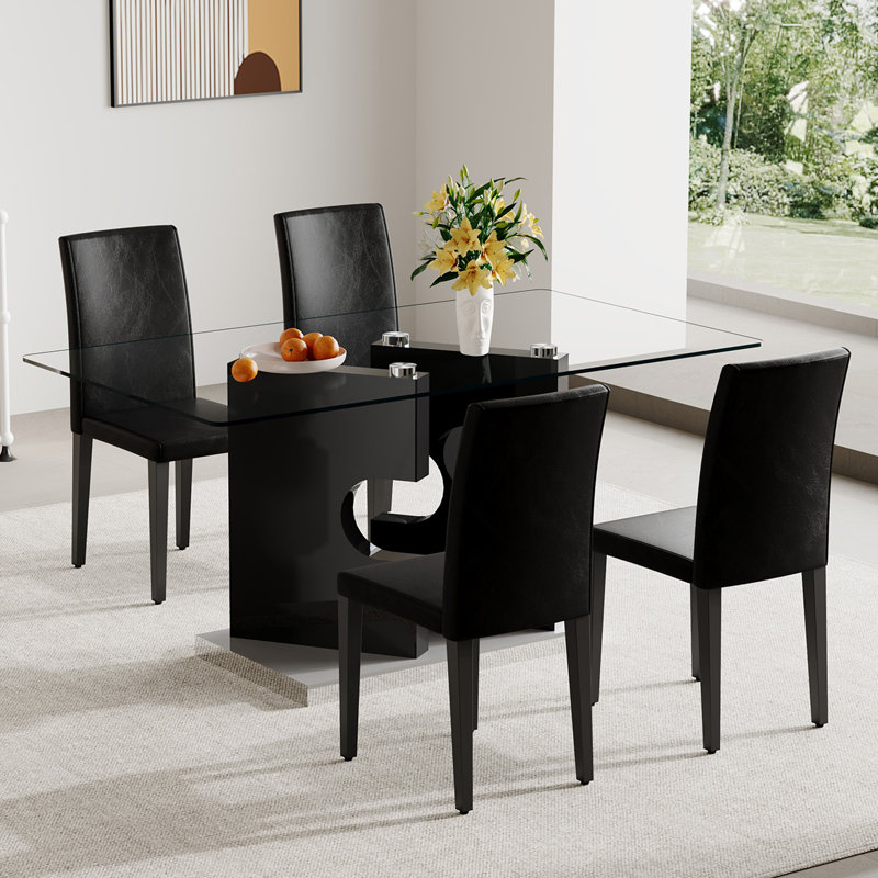 Ensemble de table de salle à manger en verre pour 4/6, plateau en verre trempé et base en panneau de fibres à densité moyenne de conception moderne avec chaises ergonomiques en cuir PU