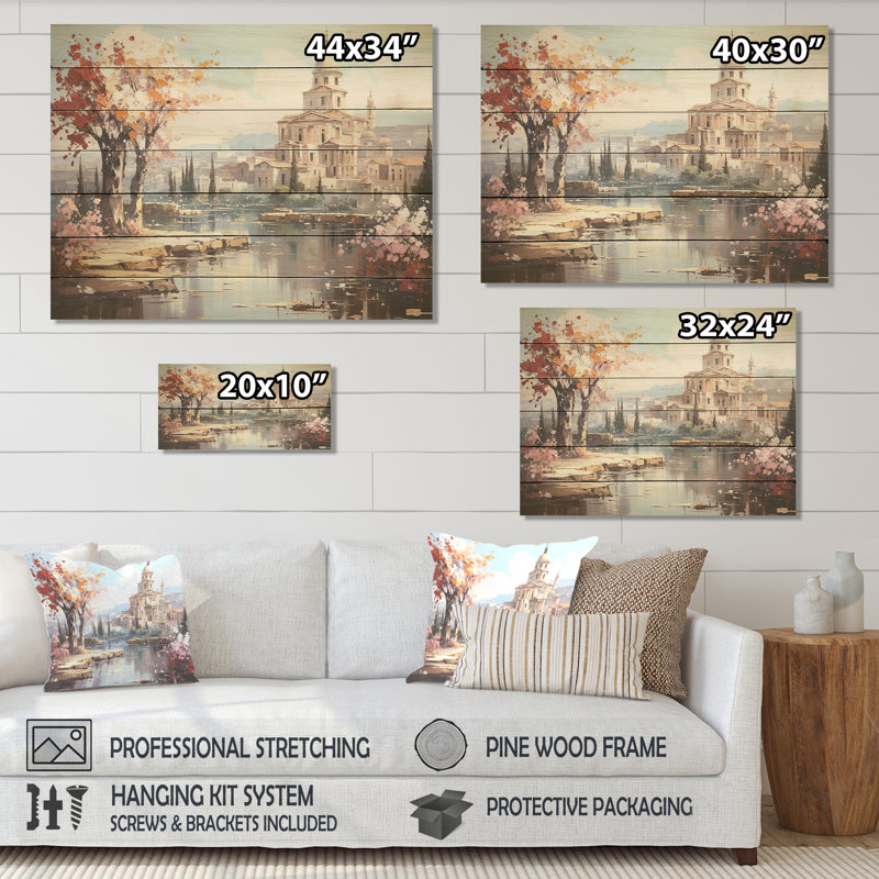 Paysage de l'empire romain de printemps III - Italie sur bois, H 10 po x l 20 po