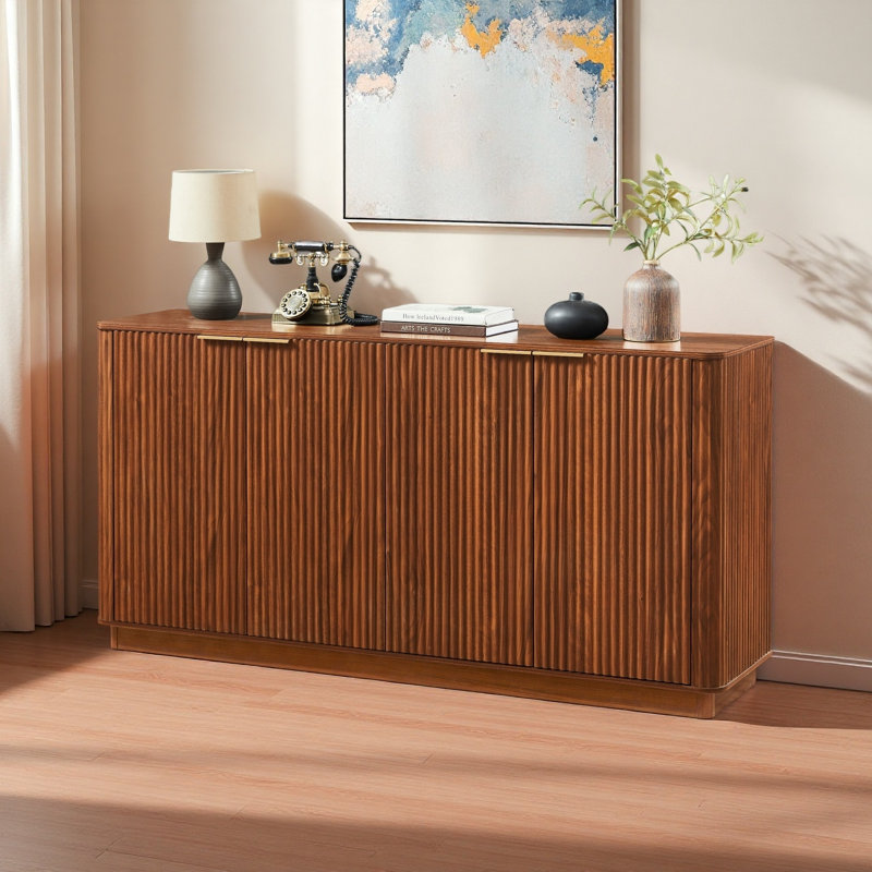 63" Vertical Stripe Buffet Cabinet Sideboard With Stoarge, Curved Wave Design, TV Stand, For Bedroom, Walnut