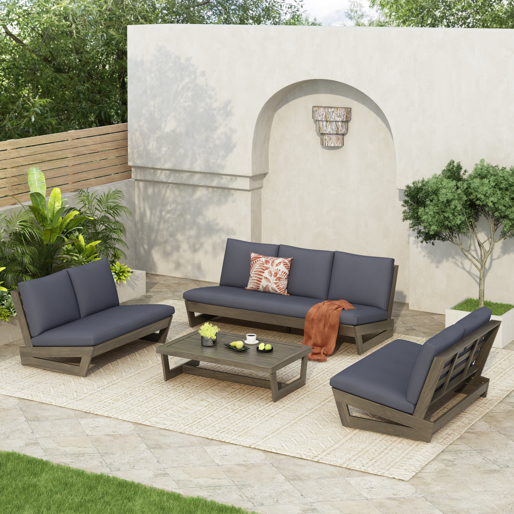 Louise Acacia 4 - Person Patio Conversation Set with Cushions, Gray, Dark Gray